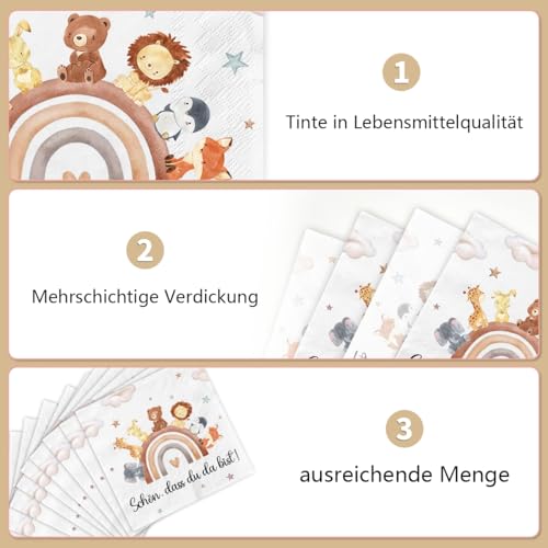 Servietten Geburtstag Kinder, 40 Stück Servietten Schön Dass Du Da Bist, Geburtstagsservietten, Kinderparty-Servietten, Tiermotiv, Geburtsfeier Jungen und Mädchen