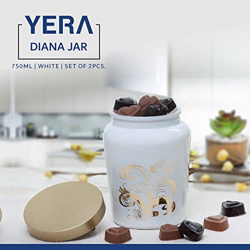 Image of Yera Diana Jars, Metallic lid-golden foil printed-storage jar, 750ml capacity, White Colour,Used for storage of Cookies, snacks,dry fruits,etc (Set of 2)