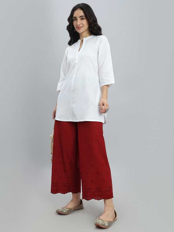Image of GO COLORS Women Cotton Hakoba Wide Pant Ankle Length, Floral Embroidery, Relaxed Fit, Mid-Rise with Side Pocket