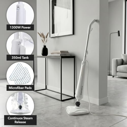 Image of OVENTE Electric Steam Mop Cleaner, 1300W, 350ml Water Tank, White ST405W | With Swivel Head, Washable Microfiber Pad for Cleaning Carpet, Hardwood, Laminate Floor, Tiles and Grout
