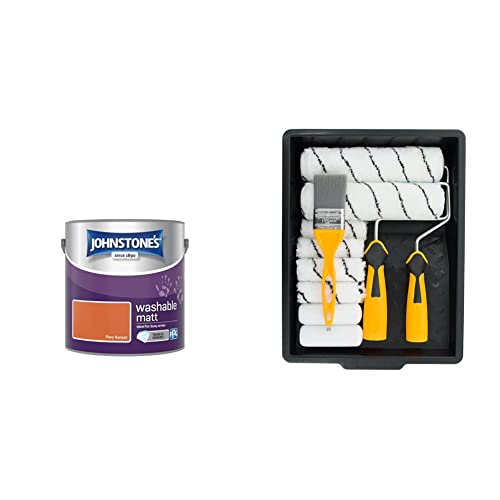 Johnstone's - Washable Paint - Fiery Sunset - Matt Finish - Emulsion Paint - Highly Durable & Coral 10501 Paint Kit with Headlock and Mini Roller Frame and Hybrid Brush