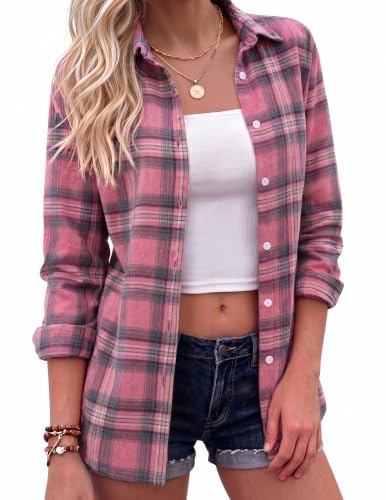 Zeagoo Flannels for Women Causal Pink Plaid Button Down Shirts Long Sleeve Shacket Jacket Loose Boyfriend Top Large