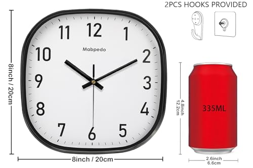 Image of Small Wall Clock, 8 Inch Silent Non Ticking Battery Operated Clock, Square Analog Decorative Wall Clocks for Bedroom Living Room Office Home Gym Porch Decor Indoor Outdoor Clocks, Black