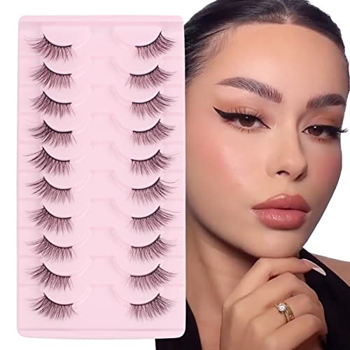 Image of Glowingwin Half Wispy Cat Eye False Eyelashes - Natural Look 10 Pairs Soft 3/4 Corner Lashes - Handmade Strip Reusable Fluffy Faux Mink