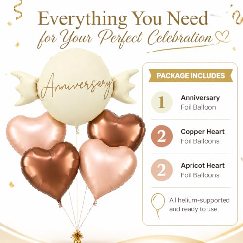 Image of Wanna Party Happy Anniversary Candy Shape Foil Balloon Set of 5 for Celebration Decoration | Candy Balloon with 2 Copper Heart Balloons & 2 Caramel Nude Heart Balloons | Helium Supported Party Decor