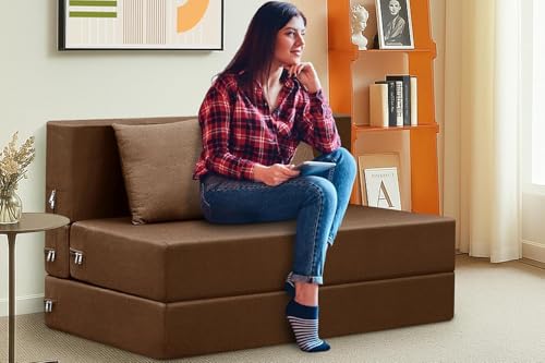 Image of Easy Foldable Two Seater Sofa Cum Bed Jute Fabric - Washable Cover with Two Cushion 4x6 Feet for Home & Office Guest Room Brown Color