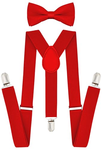 trilece Red Suspenders and Bowtie Set for Boys Kids Girls Toddlers Baby Adjustable Elastic 1 inch Wide Y Shape Heavy Duty Strong Clips (5 Months to 6 Years Red)
