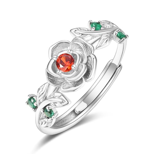 Bague rose argent 925 et grenat véritable sertie de oxydes de zirconium scintillants