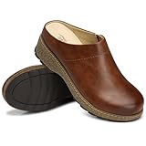 SHIBEVER Clogs for Women Mules Shoes Leather Slip On Clog Closed Toe Comfortable Mules Brown Size 8