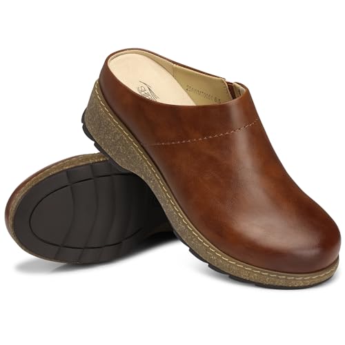 SHIBEVER Clogs for Women Mules Shoes Leather Slip On Clog Closed Toe Comfortable Mules Brown Size 8