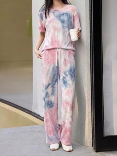 Image of SMOWKLY Korean Night Dress |Summer wear | Lounge Wear |Everyday Pyjama Set |Tie-dye Relaxed Fit Stylish Pajama Sets | Short Sleeve Top & Long Pant Sleepwear Pjs Lounge Set Co-ords Outfit with Pockets