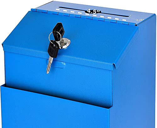 Image of Adir Wall Mountable Steel Suggestion Box with Lock - Donation Box - Collection Box - Ballot Box - Key Drop Box (Blue) with 25 Suggestion Cards