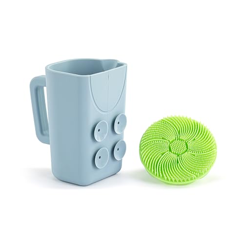 Image of DEMDACO Love to Play Collection Baby Bath Rinse Cup and Silicone Scalp Scrubber Set - Gentle Hair Washing Aid for Infants & Toddlers Soft Silicone Kids' Brush & Ergonomic Rinse Pitcher, Green