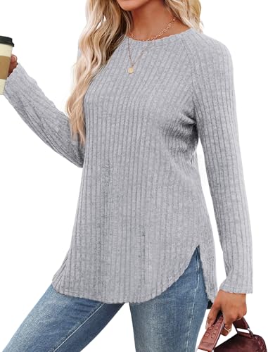 Image of Saloogoe Long Sleeve Shirts for Women 2025 Fall Clothes Tunic Tops Loose Fit Dressy Crewneck Pullover Sweaters Curved Hem