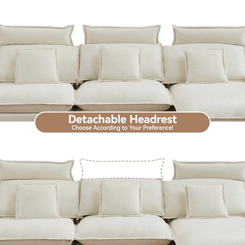 Image of 103'' Cloud Modern 3 Seater Couch with Detachable Headrest, Modular Sectional Sofa with Ottoman, Oversized L Shape Chenille Comfy Sofa with Armrests for Living Room, Beige