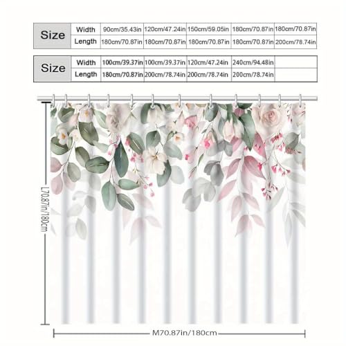 Rideau de douche floral 230x180 cm en polyester vert lavable avec crochets - 7
