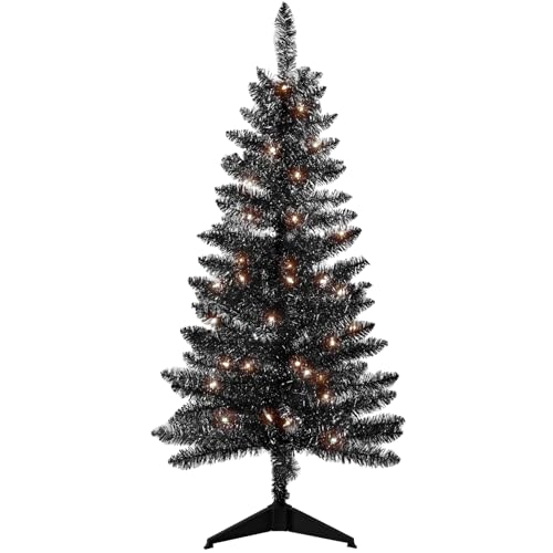 4ft Pre-lit Black Christmas Tree, Leeheeyee Memory Wire Technology 4ft Christmas Tree, Black Halloween Trees with Lights, Dense Branches Realistic Xmas Décor, Easy Assembly