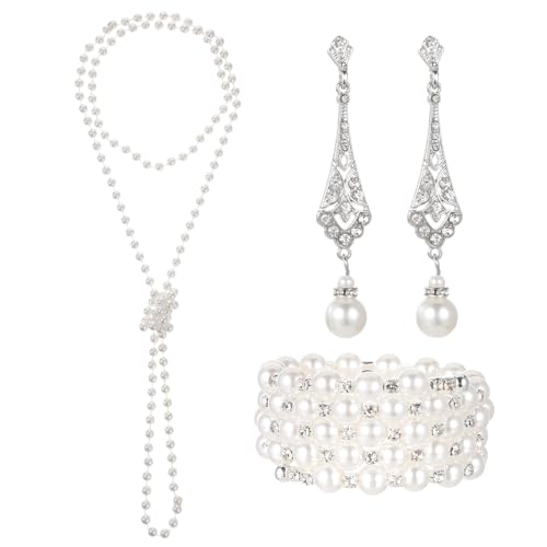 3 Pcs 1920s Pearl Jewelry Set Including Long Pearl Necklace Vintage Flapper Earrings Multilayer Pearl Bracelet Multilayer Imitation Pearl Necklace Bracelet Flapper Accessories for Women Christmas