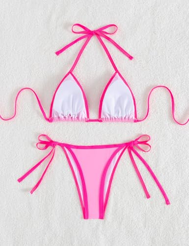 Image of Tainehs Women's Sexy Halter Thong Bikini Tie Two Sides Bottom Triangle Bikini Swimsuits