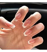 Press on Nails Medium Nude Square Fake Nails with White Border Designs False Nails French Full Co...