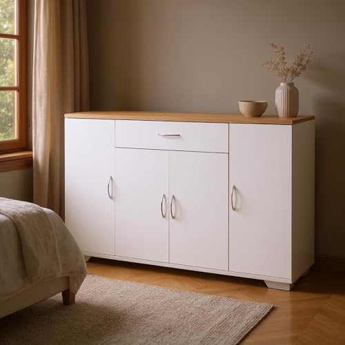 HOMYLIN Commode de chambre à coucher avec plateau en grain de chêne, 1 tiroir et double couche de rangement, MDF finition lin avec étagères réglables,...