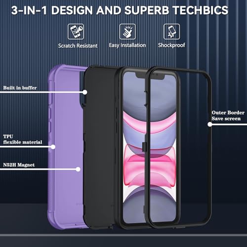 Image of SunStory Compatible with iPhone 11 Case with HD Screen Protector, 3-Layer Heavy Duty Full-Body Cover,3 in 1 Hybrid Protective Case for iPhone 11 6.1 inch,Violet