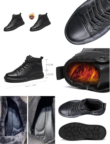 Keilinia Men's Black High-top Leather Boots,2023 Fall/Winter New Round Toe Non-slip Side Zip Casual Business Dress Ankle Booties2