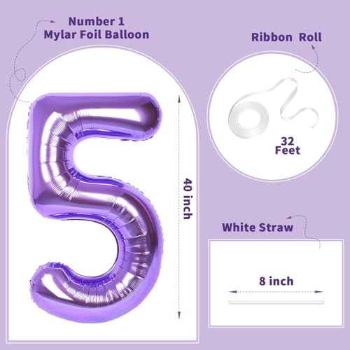 Image of Number Balloons for Birthday Decorations - 40 Inch Large Party Balloons 5, Purple Foil Number Balloons for Boys Girls, Balloons for Party Supplies