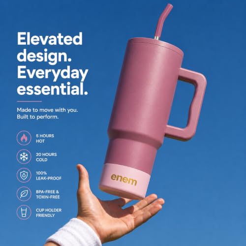 Image of enem Tumbler, Rose Dusk, Tumbler with Metal Straw, Sipper, with Lid Leak Proof, 1 Metal Ice Cube, 1 Copper Spring (Tamba), Base Protector (Black /White), Mug Travel, 1.2L