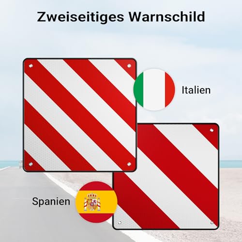 Wiltec 2in1 rot weiße Warntafel Spanien und Italien 50 x 50 cm, Fahrradträger Schild aus Aluminium, Warnschild für Heckträger reflektierend