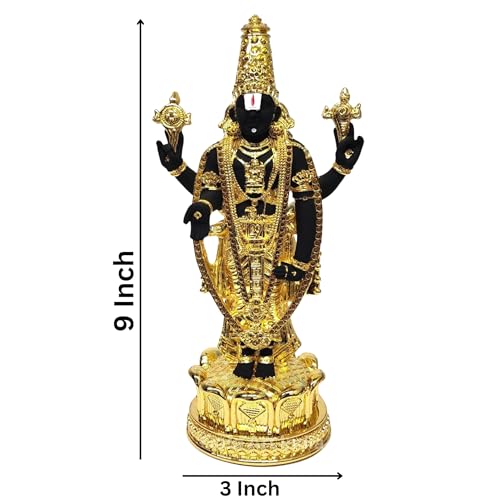 Image of Gold Art India Lord Tirupati Balaji Idol Murti for Mandir | Pooja Room Lord Vishnu Shree Venkateswara Swamy Statue God Balaji Home Decor Showpiece for Gift Living Room (Gold Plated Black Terracotta)