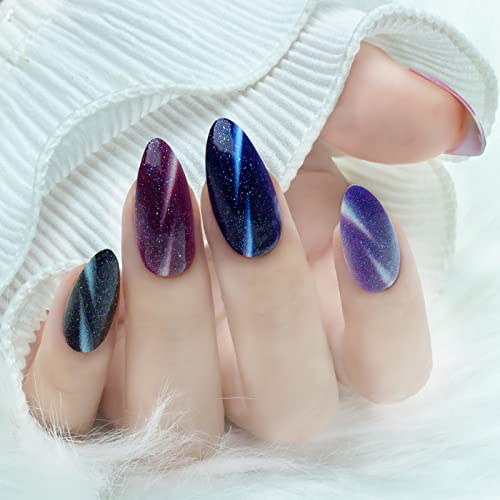 24 Pcs Press on Nails Medium, Sunjasmine Almond Fake Nails with Nail Glue, False Nails with Designs Acrylic Nails Glue On Nails for Women and Girls (Colorful Cat Eye 1)