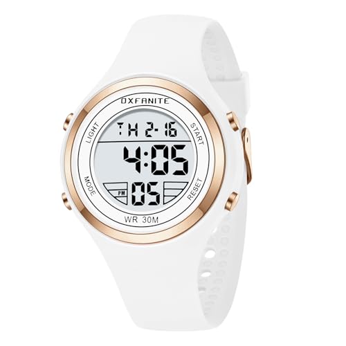 OXFANITE Women Digital Watches?Fashion Outdoor Sport Waterproof Watch with Silicone Band Stopwatch Alarm Clock Calendar Ladies Wristwatch White