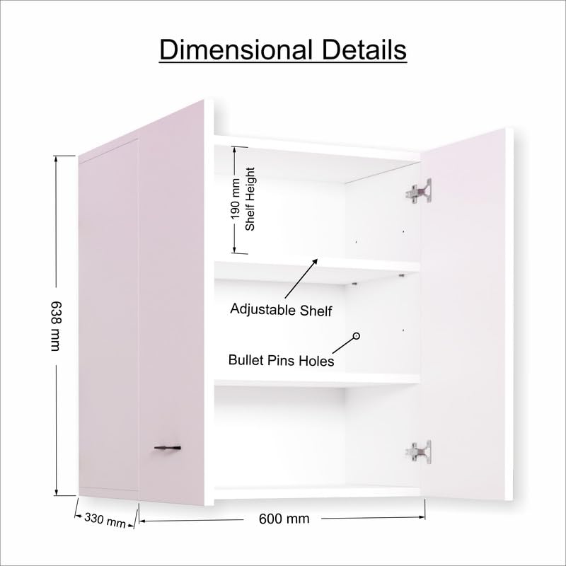 Image of 2 Door Multipurpose Wall Mounted Cabinet with Adjustable & Fixed Shelf | Storage for Modular Kitchen, Bathroom, Office & Living Room | Assembly-DIY | Color-White | Size-60x33x63.8 Cm