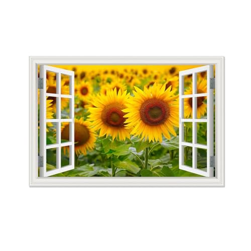 Toile effet fenêtre 3D grand format 70x105cm sans cadre au motif tournesol