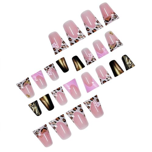 Image of Leopard Print Press on Nails French Tip Fake Nails Duck False Nail with Flower Design Glossy Full Cover Artificial Acrylic Nail Bronze Stick on Nail for Women Manicure 24Pcs