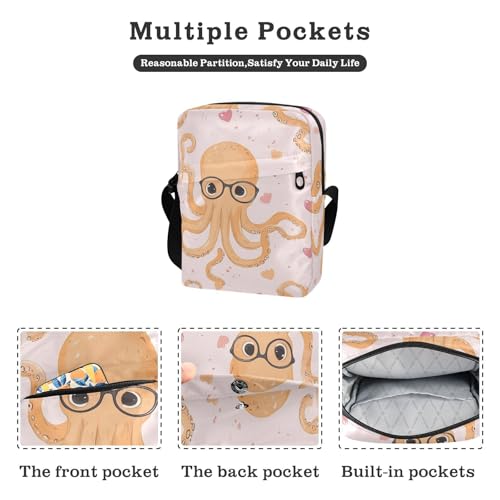 Crossbody Bag Cute Octopus Pink Hearts Glasses Messenger Bag for Women Men Purse Shoulder Bag Satchel Bag with Adjustable Strap 214B81192