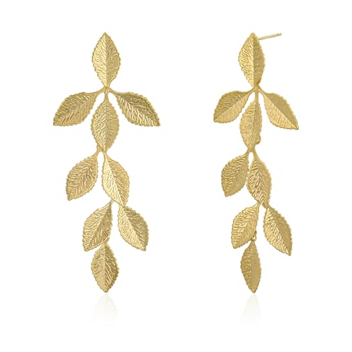Statement Leaf Drop Earrings, Gold-Plated Dangle Studs, Hypoallergenic Fashion Jewellery