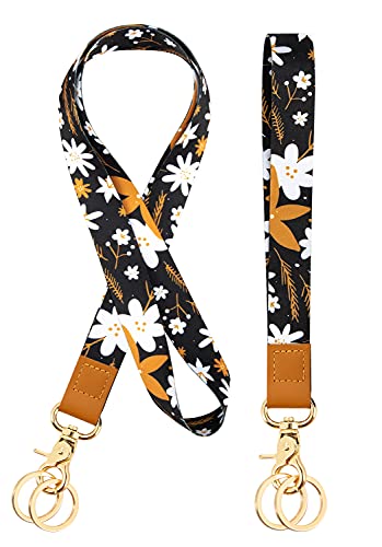 Cordon Tour de Cou, Tour de Cou Badge, Lanyard pour cou Poignet avec Fermoirs Mousquetons Pivotants et Cuir Pour Porte Badges,Clés, Portefeuilles(White...