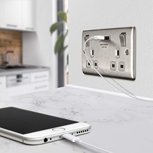 BG 13Amp Brushed Steel Double Sockets With 2 X Usb Charger (3.1Amp)