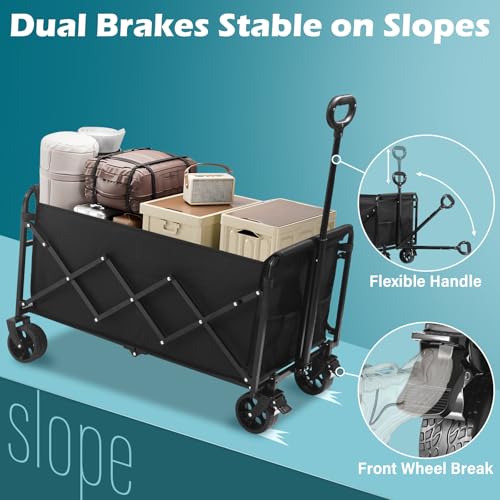 Image of Collapsible Wagon Cart with Wheels Foldable: 500LBS Heavy Duty Folding Utility Wagon - Portable All Terrain Grocery Wagon Cart for Groceries Shopping Outdoor Camping Sports (Black-500Lbs)