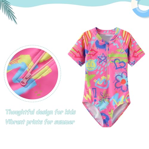 Image of Girls One Piece Rash Guard Swimsuits for Girl Short Sleeve Bathing Suits with Front Zipper Sun Protection Swimwear 3-16 Years