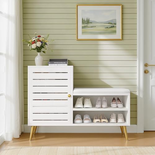 VECELO Shoe Storage Bench with Door&Shelf, Entryway Bench with Seat Cushion, for Hallway, Bedroom, Living Room, L-Shaped, Cool White