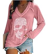 Fronage Womens Rhinestone Skull Tank Tops Long Short Sleeve Summer V Neck Sleeveless Shirts