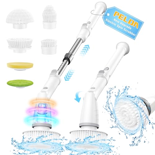 Electric Spin Scrubber Cleaning Brush with 6 Brush Heads and Adjustable Long Handle with 3 Modes Angle, 520 RPM Shower Power Scrubber for Bathroom, Swimming Pool, Tub, Grout, Tile, Gap, Floor, Sink