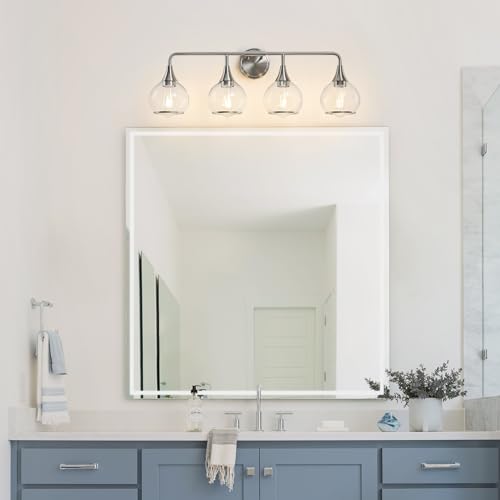 Image of Brushed Nickel Bathroom Light Fixture 4 Lights Bathroom Vanity Lights Over Mirrors with Clear Glass Shade 30.7 inch Wall Sconce Lighting Bath(Exclude E26 Bulb)