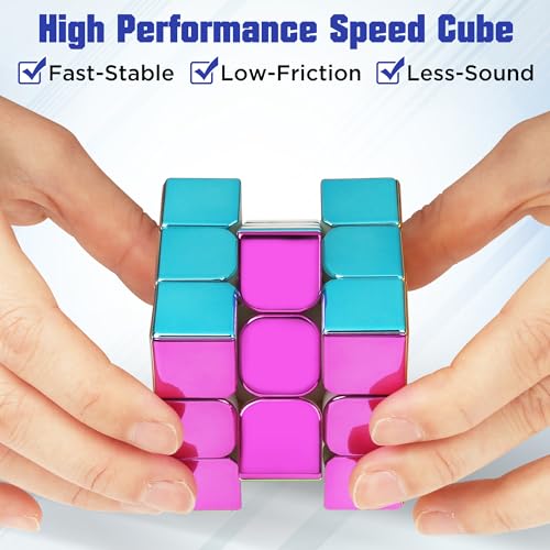 Image of D-FantiX Mirror Reflective Magnetic Speed Cube 3x3x3 with Display Stand, Shiny Metallic Color Fidget Toys for Kids 8-12, Original Stickerless Magic Cube Travel Toys, Birthday Gifts for Teen Girls Boys