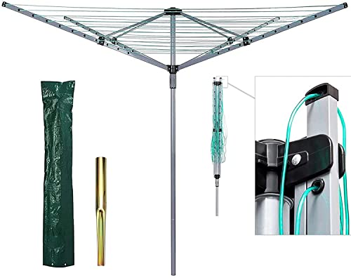 Monal 50M Rotary Aluminium & Powder-Coated Washing Line With 4 Arm Garden Outdoor Laundry Drying Heavy Duty Folding Clothes Line Airer With Ground Spike & Cover (Aluminium, With Spikes & Cover)