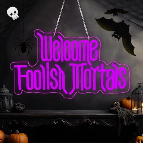 Halloween Welcome Foolish Mortals Neon Sign, Dimmable Gothic Haunted Coffin Halloween Decoration, USB Powered Neon Light, Wall Decor for Home, Bar & Party (Comes with Hooks, Nails and Adhesive Hooks)