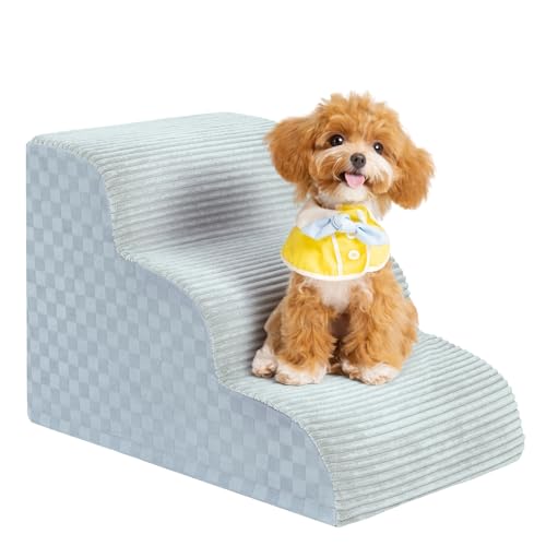 Exsnugy Dog Stairs for Small Dogs, 3-Step Pet Ramp for Couch & Bed with Washable Cover, High Density Foam and Non-Slip Bottom Grey